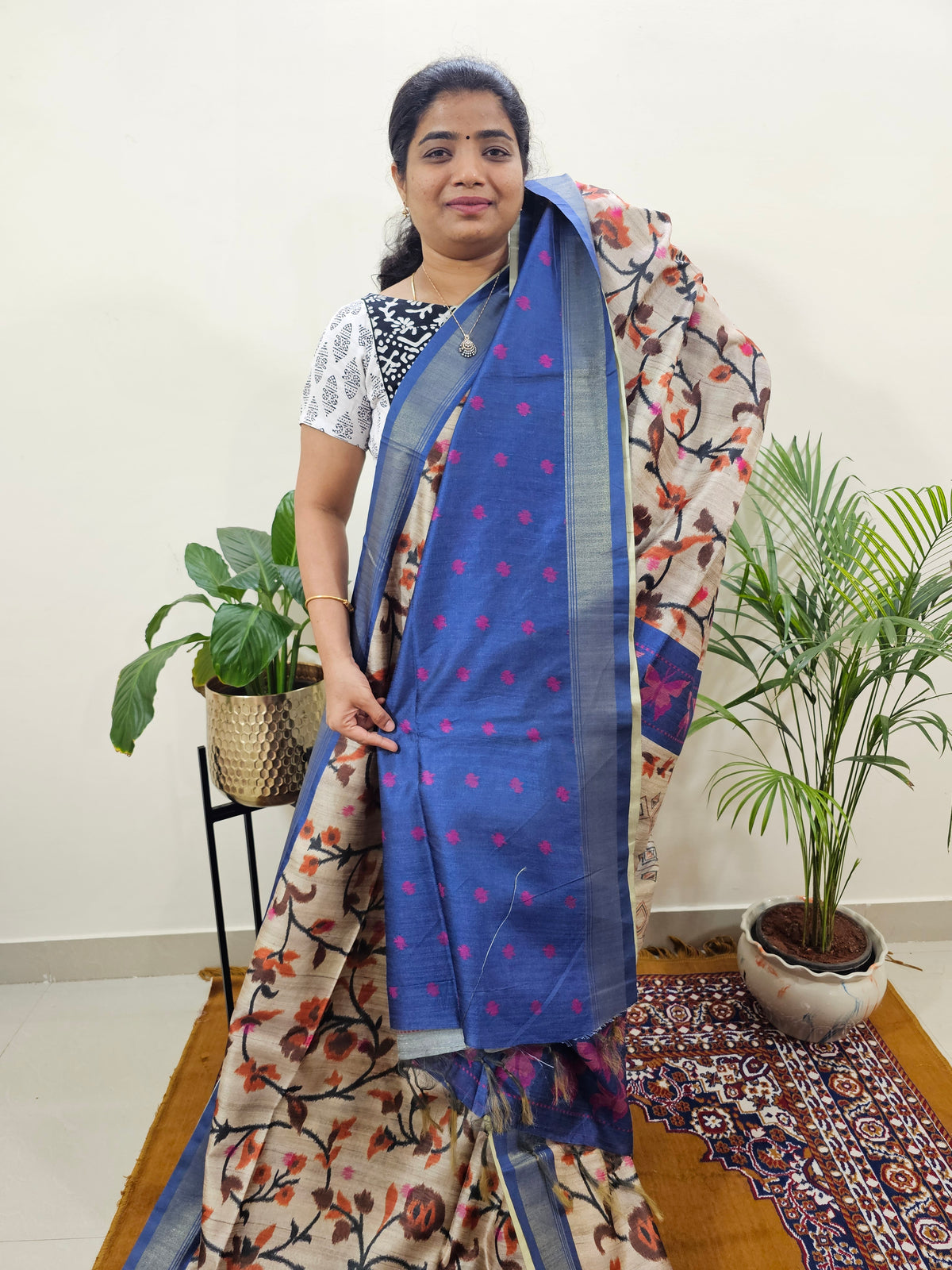 Soft Semi Tussar Weaving with Soft Zari Border - Orange with Blue