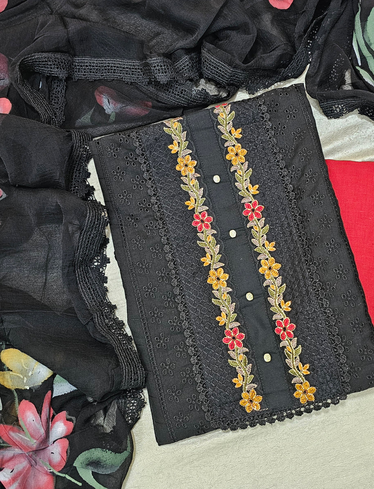 Cotton Hakoba with Hand Brushed Duppata - Black