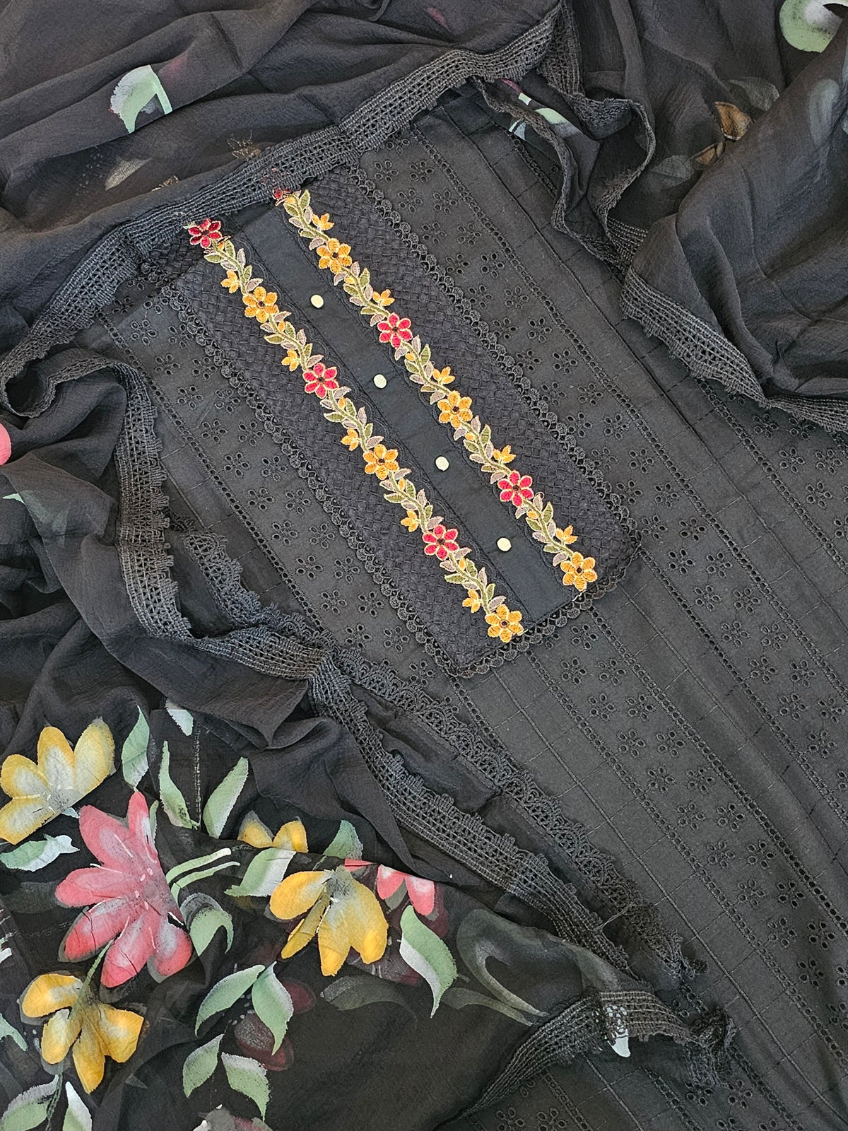Cotton Hakoba with Hand Brushed Duppata - Black