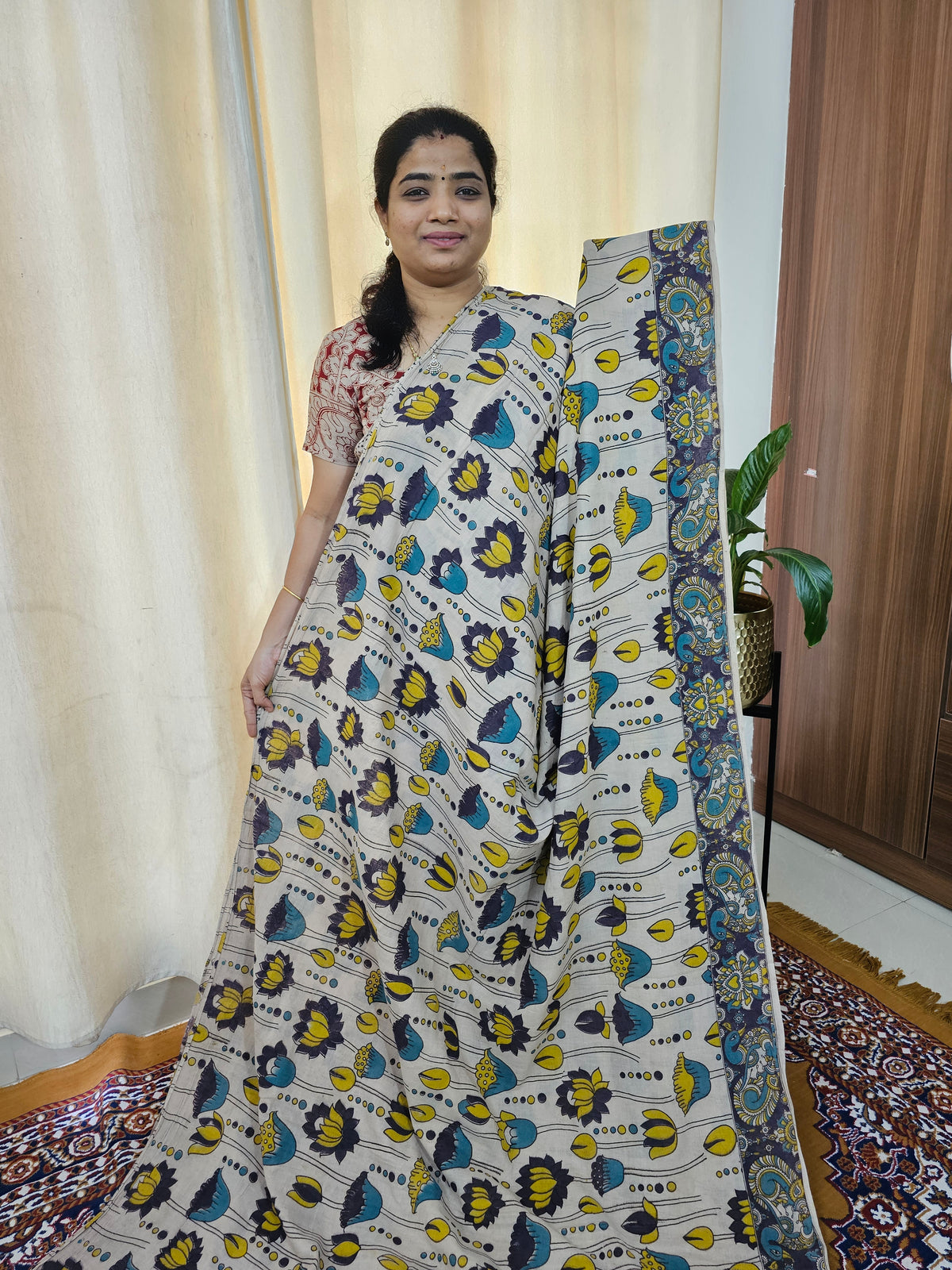 Cotton Kalamkari Saree - Cream with Dark Purple