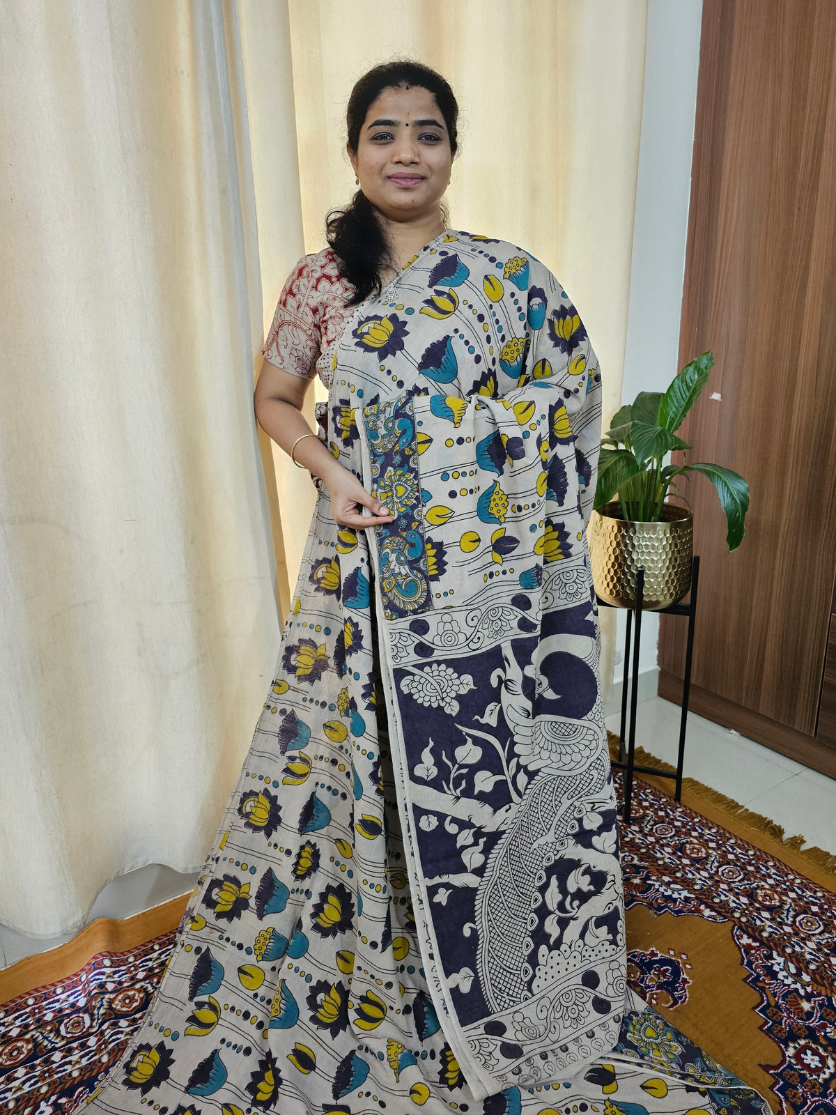 Cotton Kalamkari Saree - Cream with Dark Purple