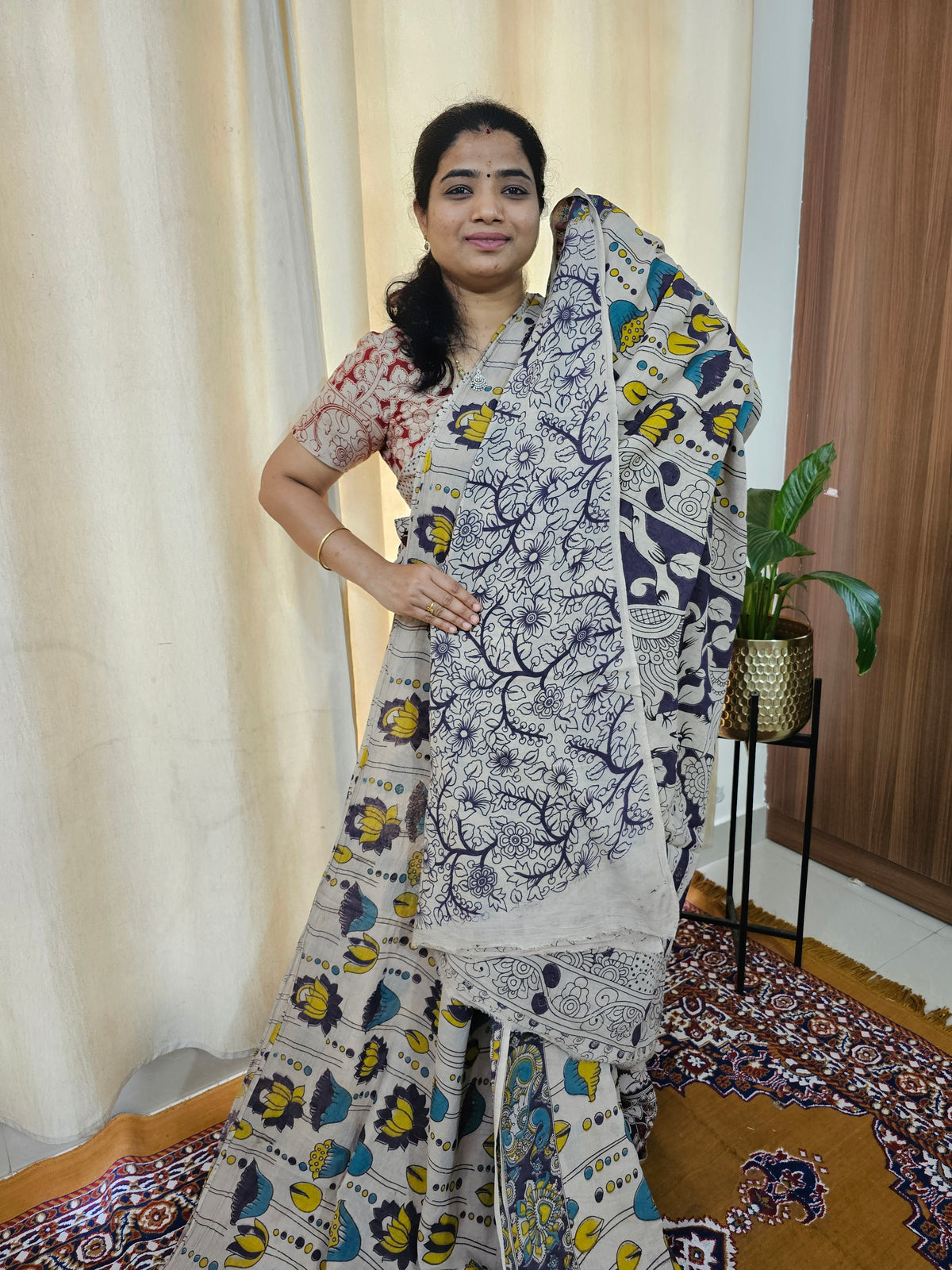 Cotton Kalamkari Saree - Cream with Dark Purple