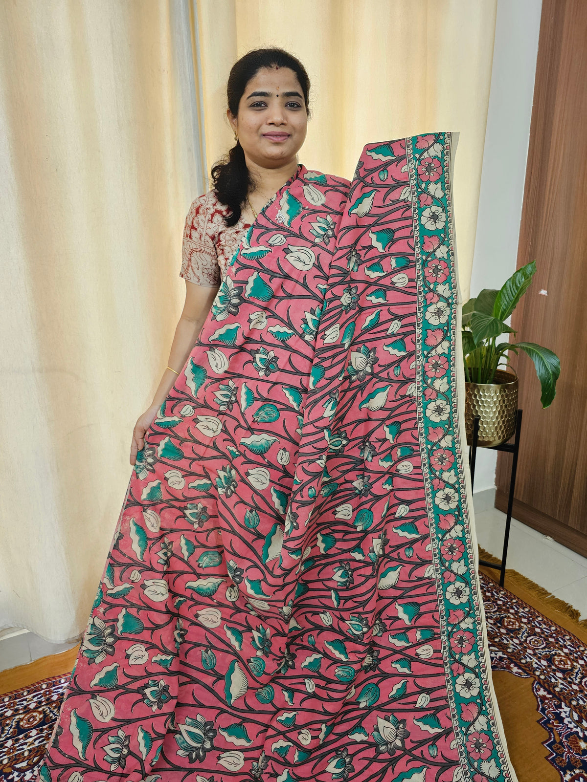 Cotton Kalamkari Saree - Peach with Green