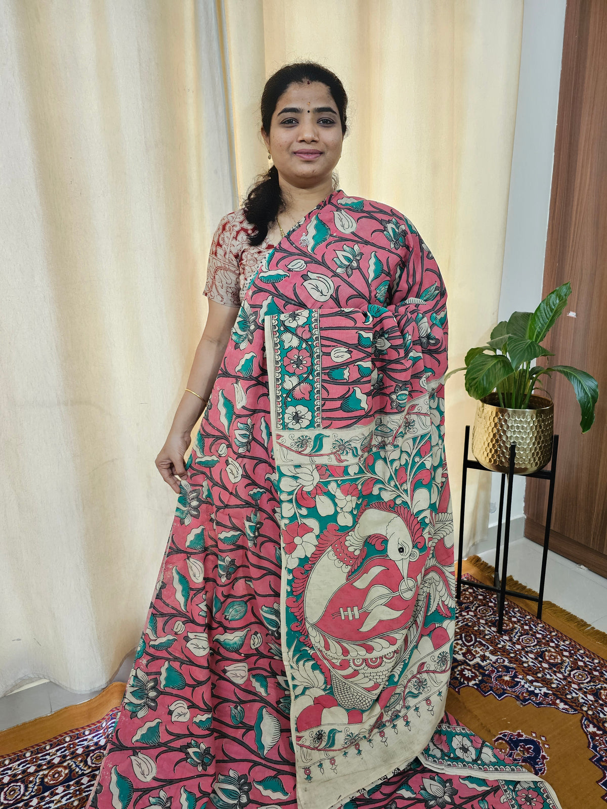 Cotton Kalamkari Saree - Peach with Green