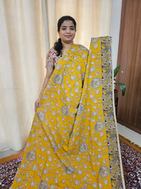 Cotton Kalamkari Saree - Yellow with Black