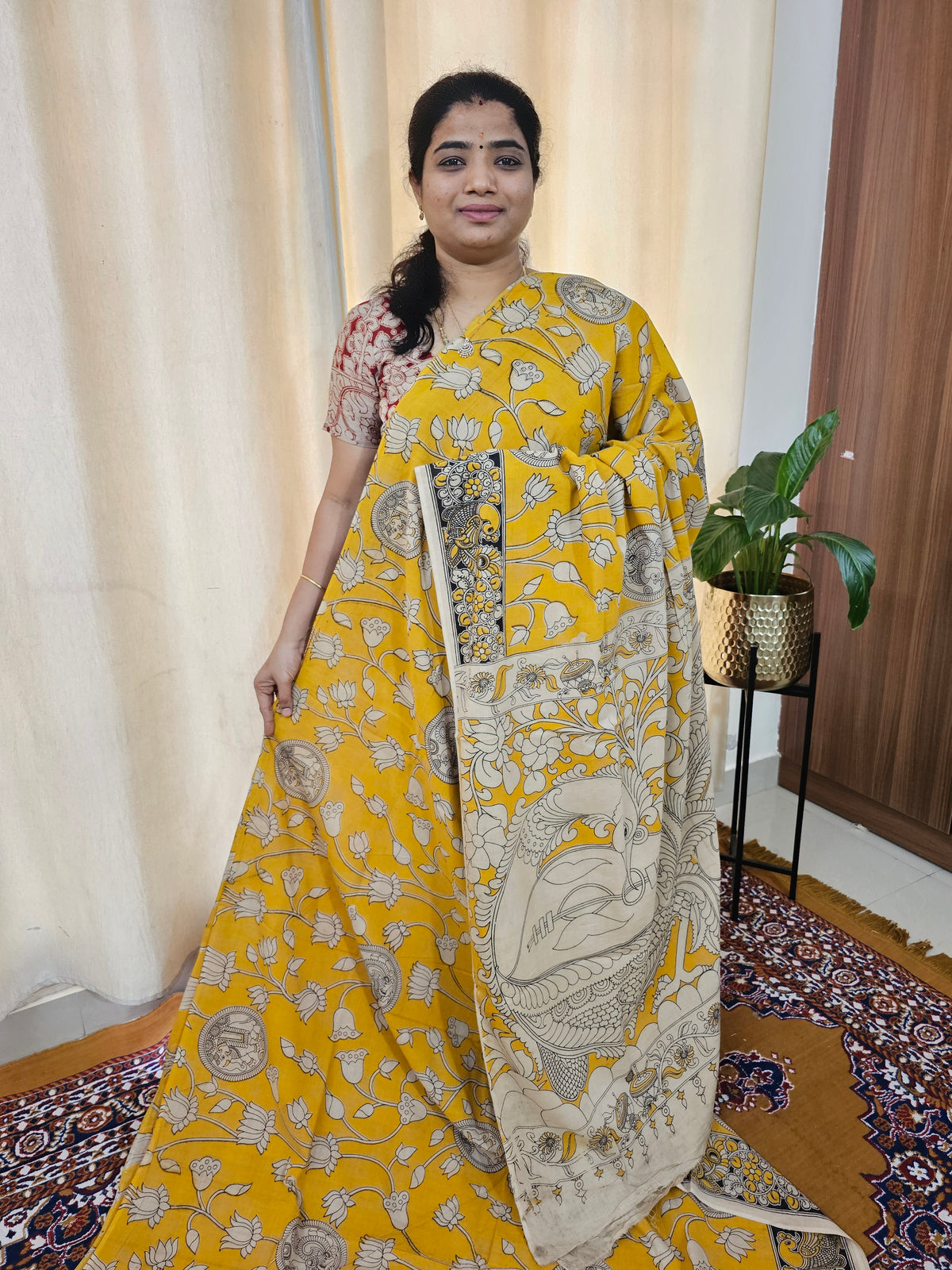 Cotton Kalamkari Saree - Yellow with Black