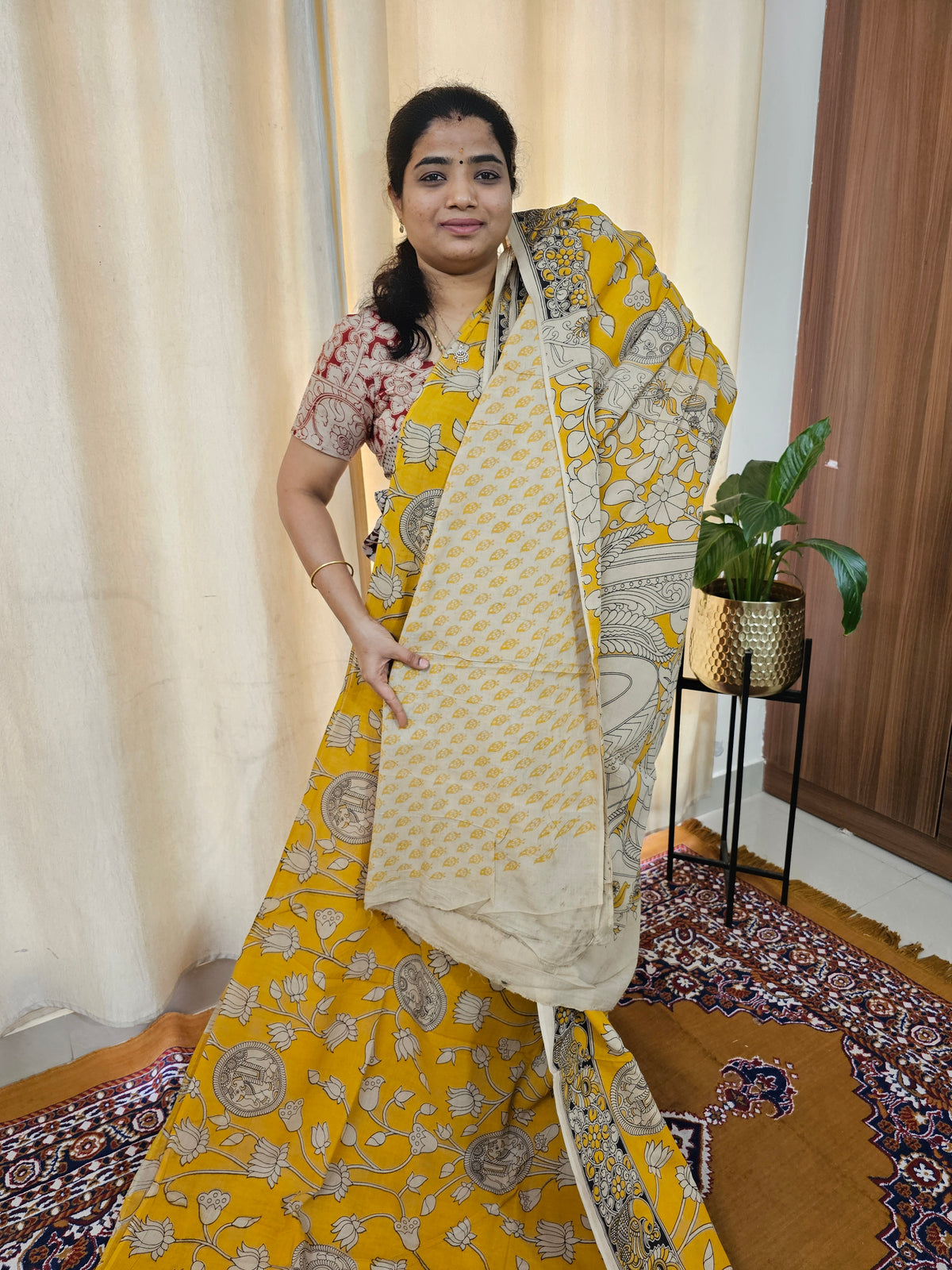Cotton Kalamkari Saree - Yellow with Black