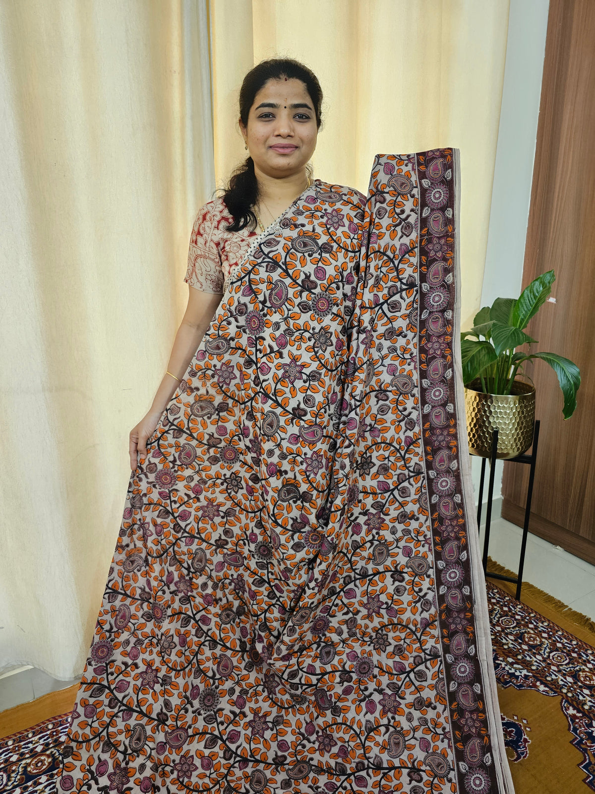 Cotton Kalamkari Saree - Orange with Purple