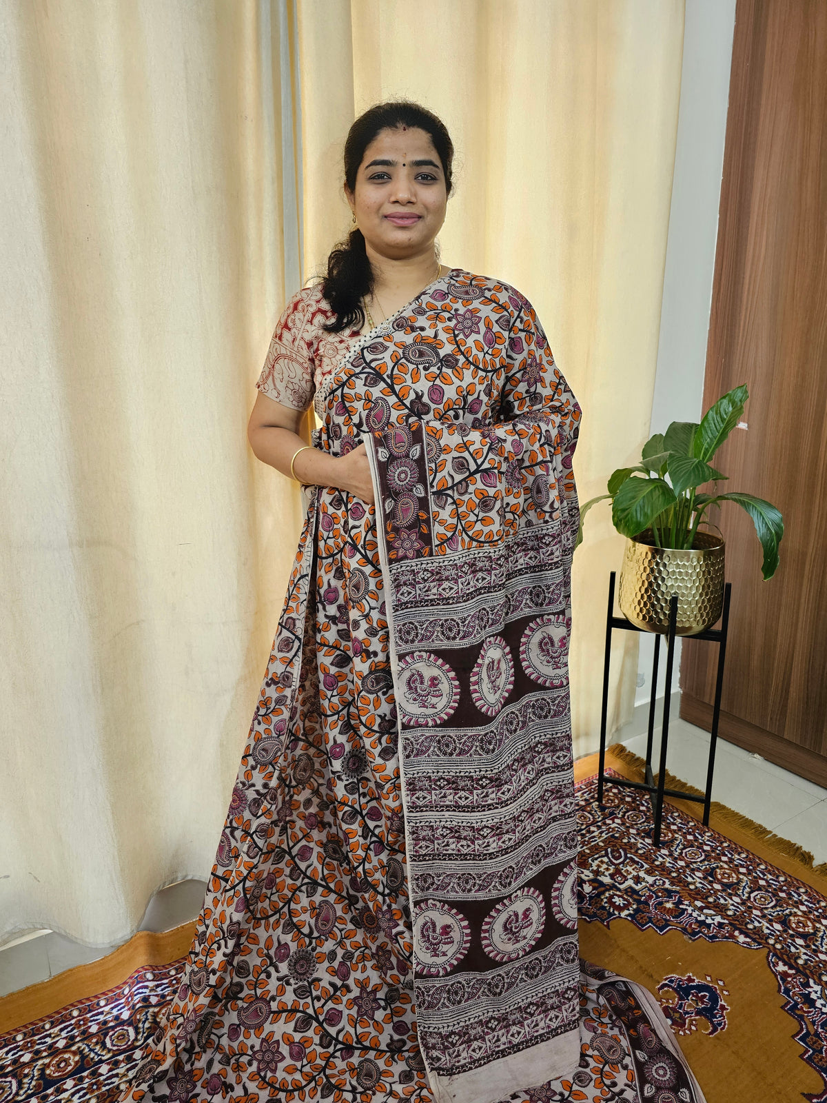 Cotton Kalamkari Saree - Orange with Purple