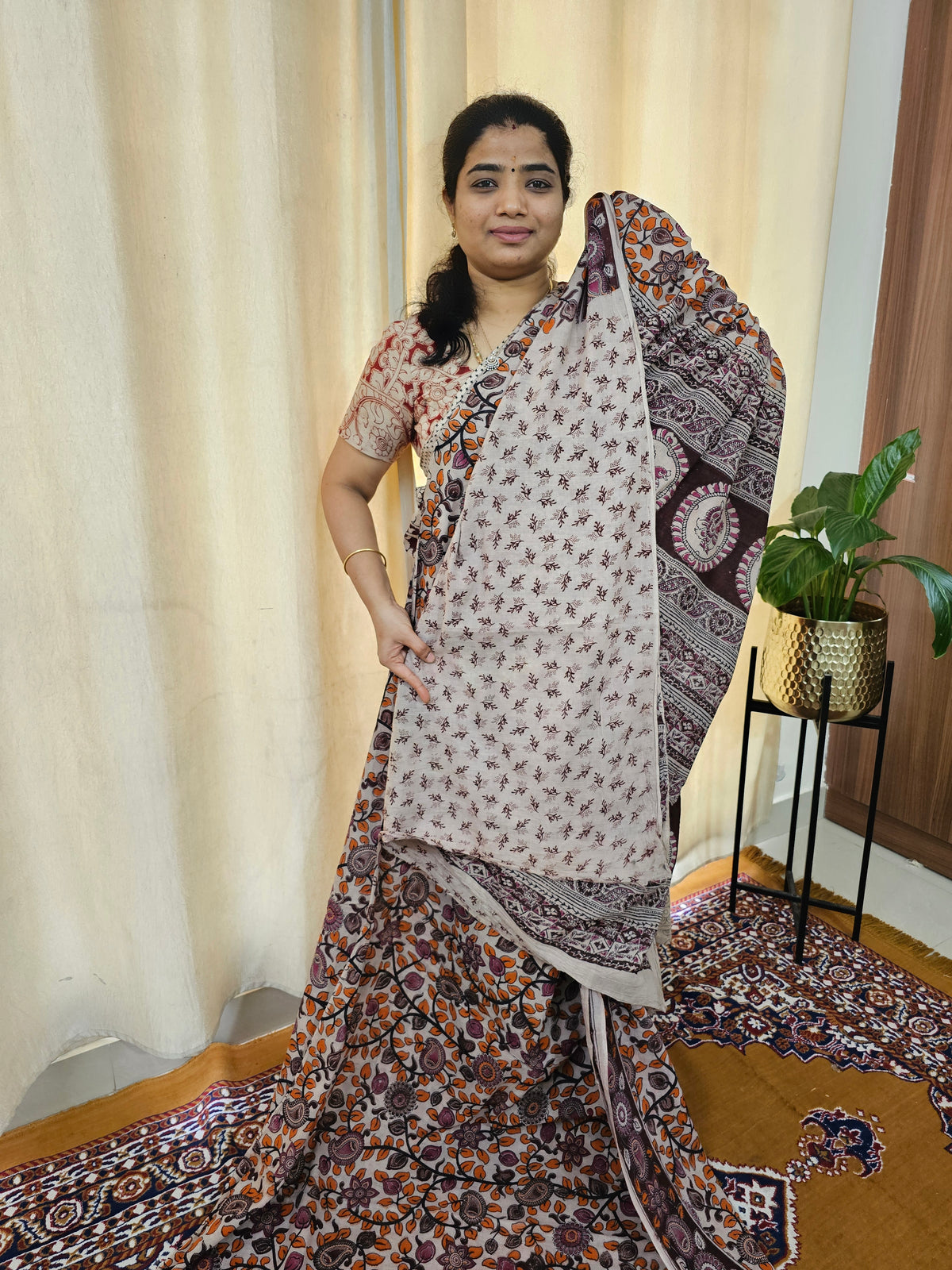 Cotton Kalamkari Saree - Orange with Purple