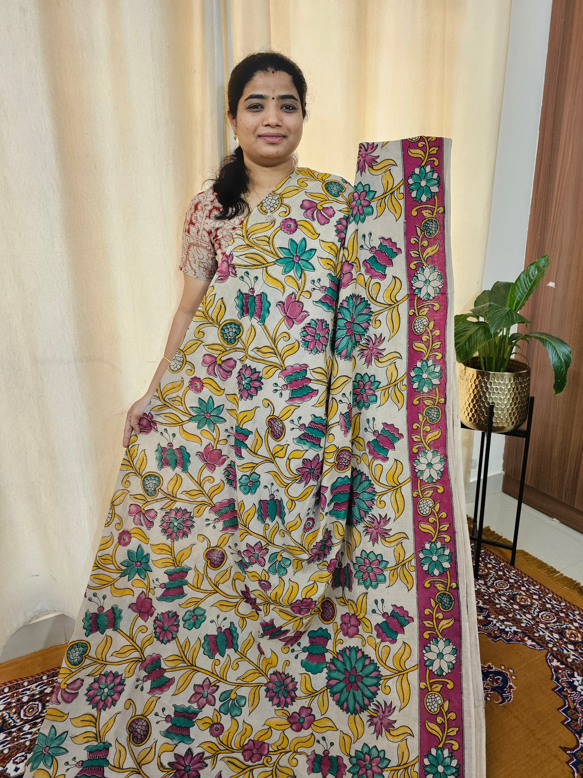 Cotton Kalamkari Saree - Cream with Pink