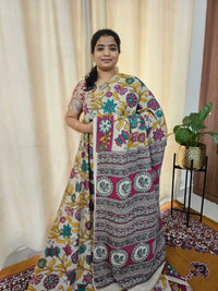 Cotton Kalamkari Saree - Cream with Pink