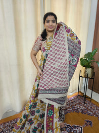 Cotton Kalamkari Saree - Cream with Pink