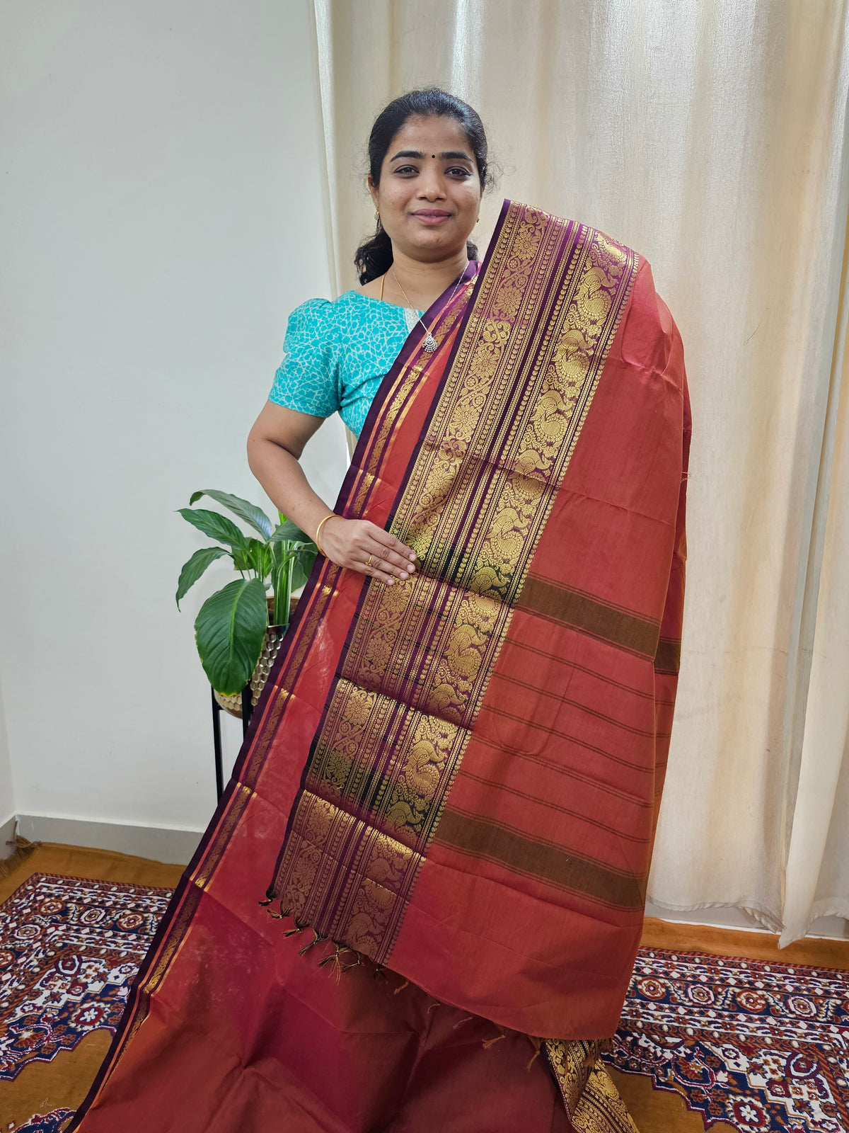Kanchi Cotton Saree - Dark Rust Orange with Maroon