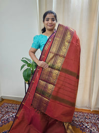 Kanchi Cotton Saree - Dark Rust Orange with Maroon
