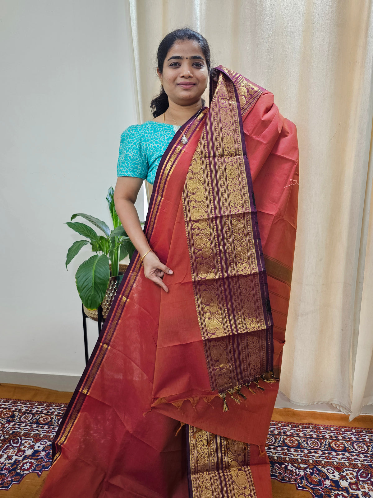 Kanchi Cotton Saree - Dark Rust Orange with Maroon