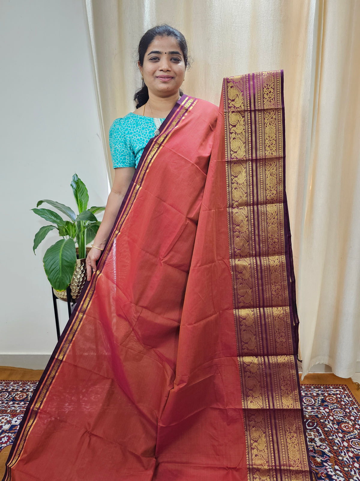 Kanchi Cotton Saree - Dark Rust Orange with Maroon