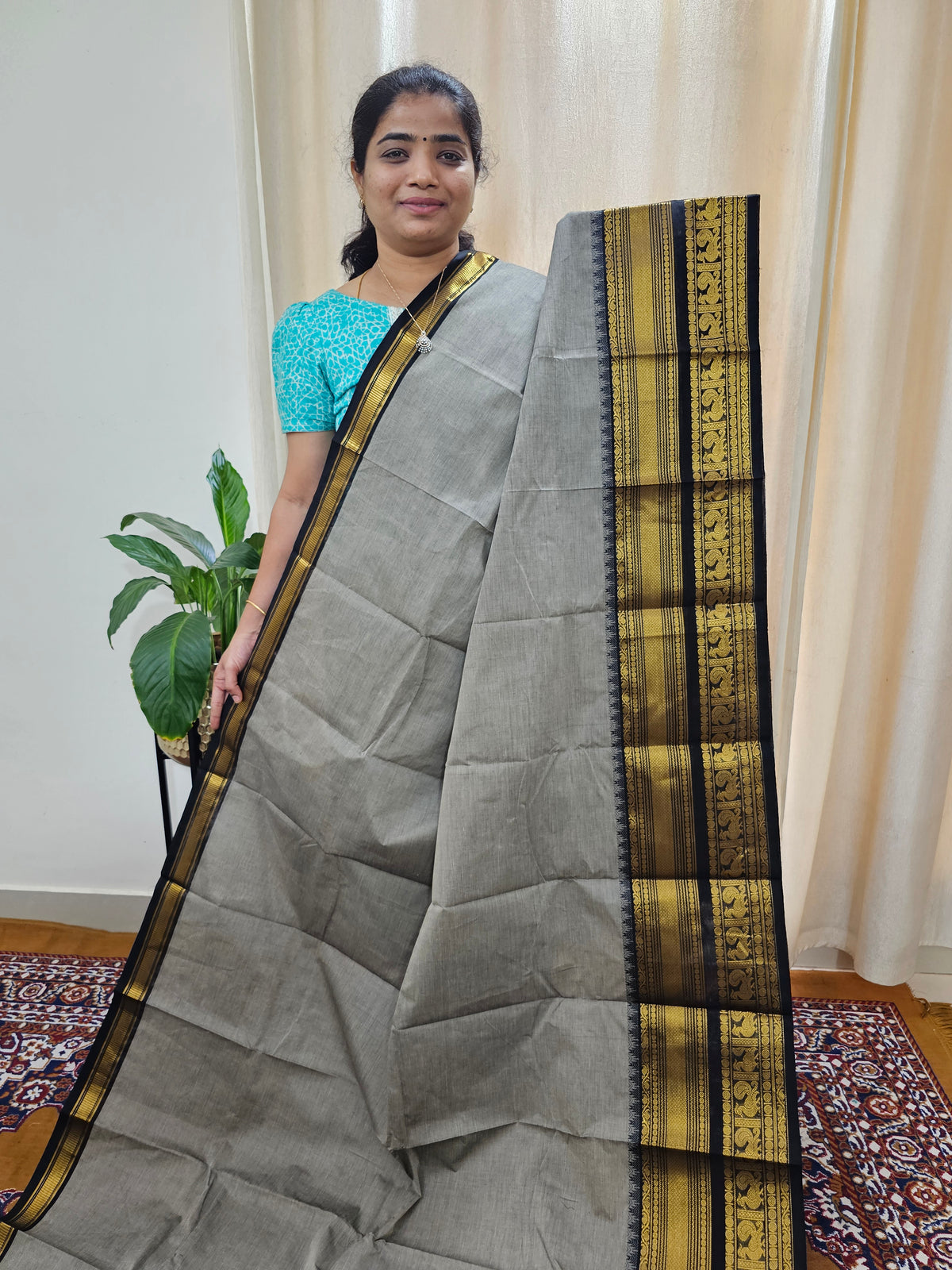 Kanchi Cotton Saree - Grey with Black