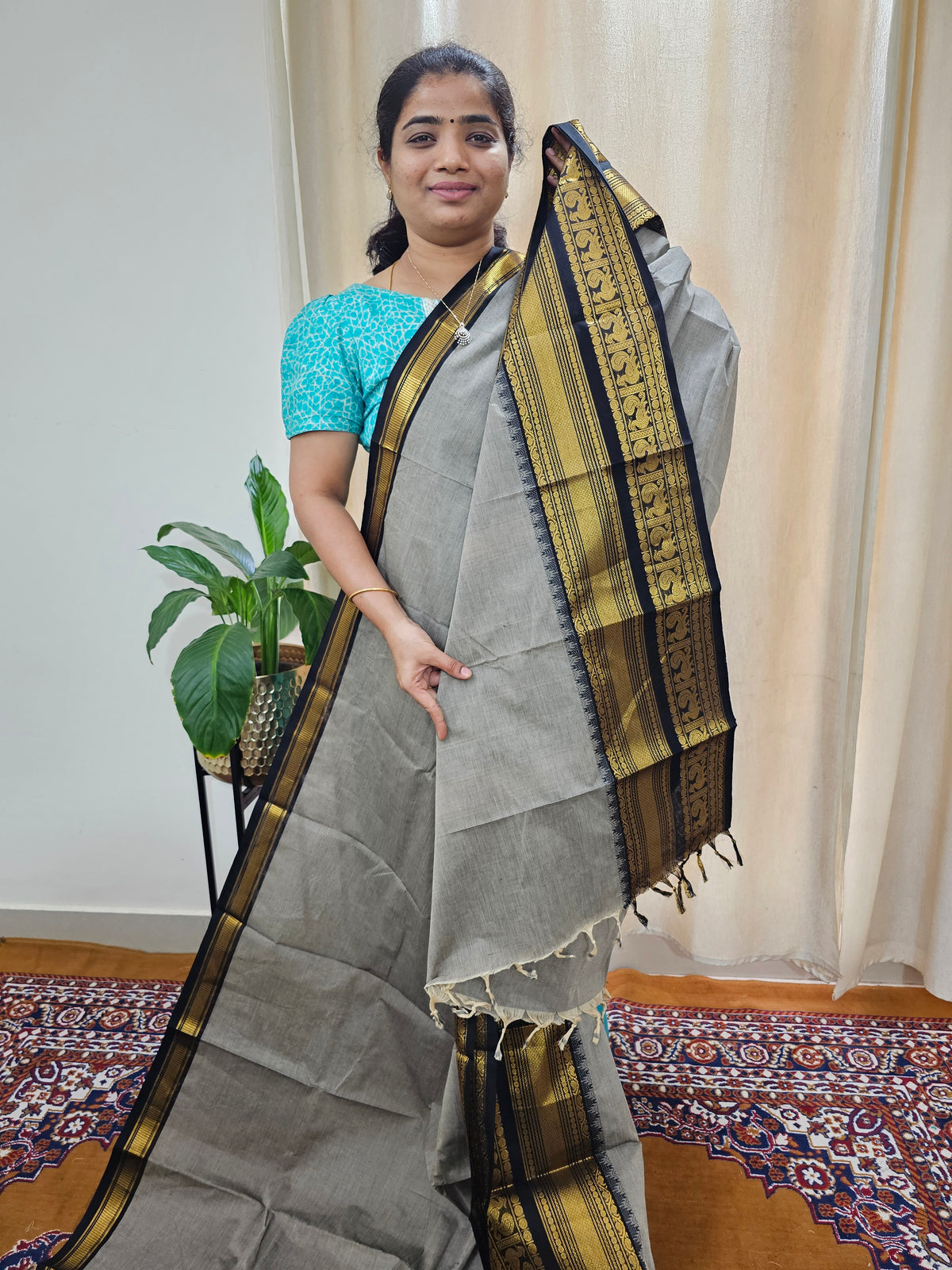 Kanchi Cotton Saree - Grey with Black