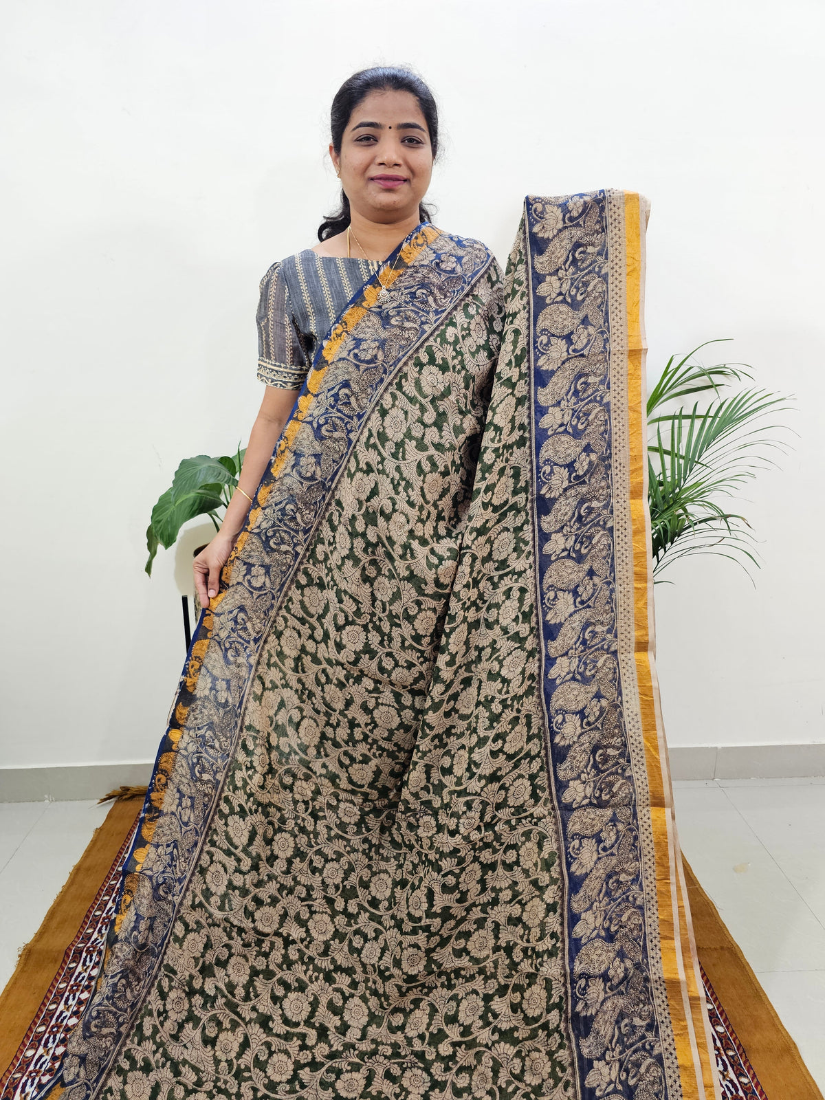 Kota Cotton with Kalamkari Printed Saree - Dark Green with Blue