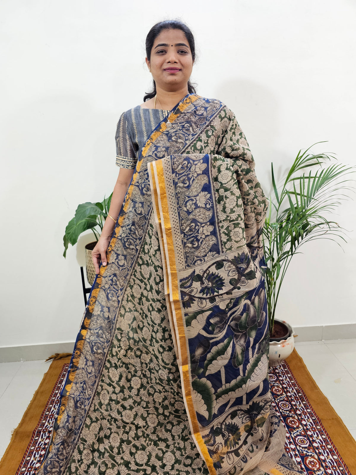 Kota Cotton with Kalamkari Printed Saree - Dark Green with Blue