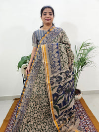 Kota Cotton with Kalamkari Printed Saree - Dark Green with Blue