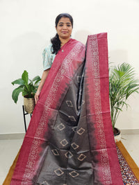 Bhagalpuri Zari Weaving with Batik Print - Grey with Maroon