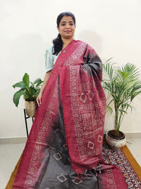 Bhagalpuri Zari Weaving with Batik Print - Grey with Maroon