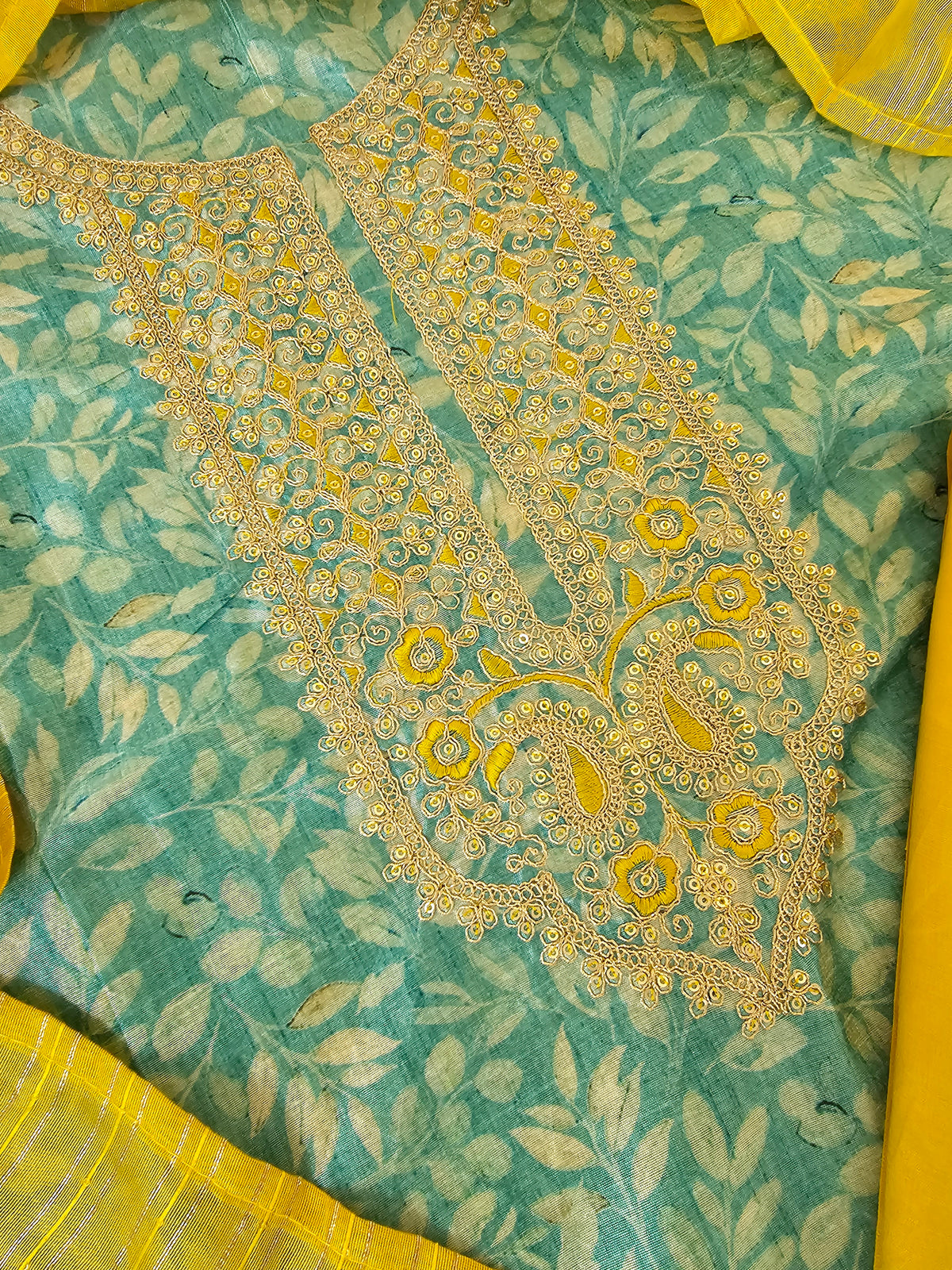 Semi Tussar Unstitched Salwar - Sea Blue with Yellow