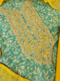 Semi Tussar Unstitched Salwar - Sea Blue with Yellow