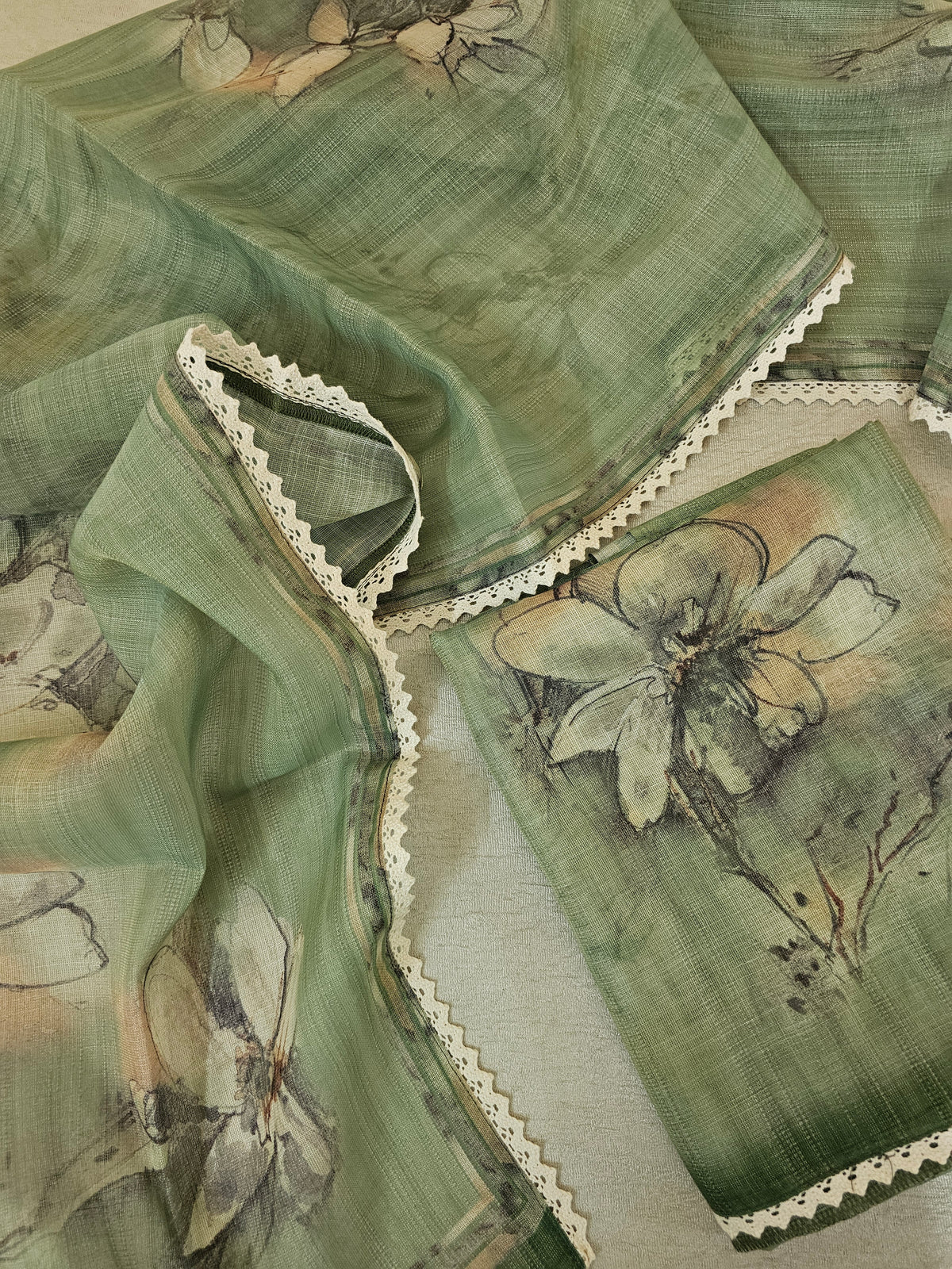 Linen by Tissue Unstitched Salwar -  Green