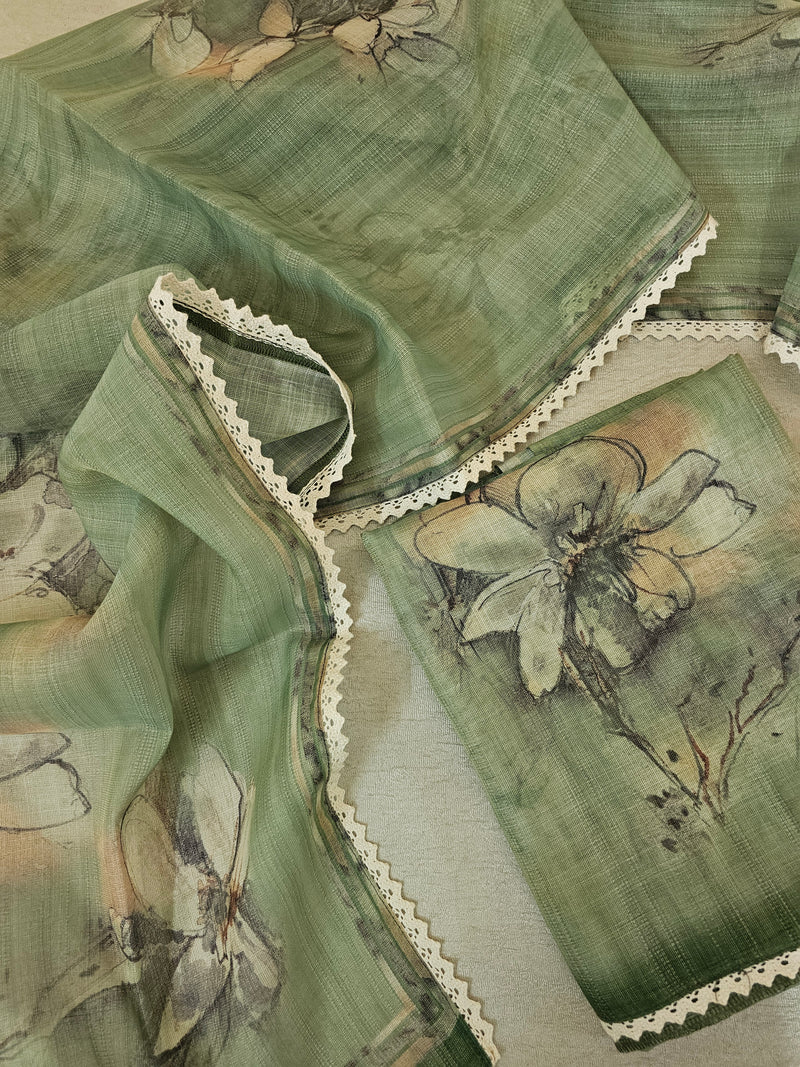 Linen by Tissue Unstitched Salwar -  Green