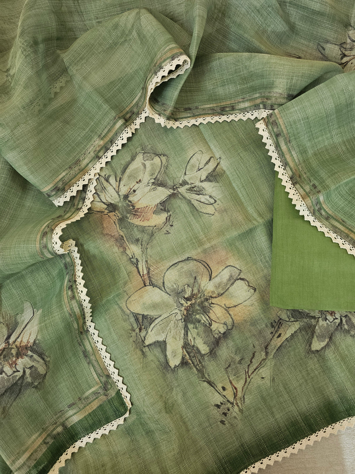 Linen by Tissue Unstitched Salwar -  Green