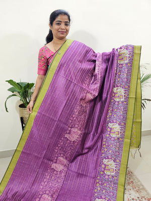 Soft Semi Tussar Weaving with Pichwai Border - Purple with Green