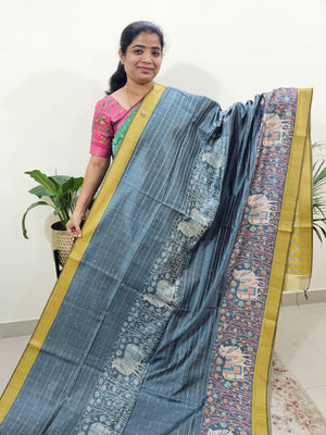 Soft Semi Tussar Weaving with Pichwai Border - Grey with Yellow