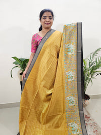 Soft Semi Tussar Weaving with Pichwai Border - Yellow with Grey