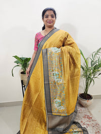 Soft Semi Tussar Weaving with Pichwai Border - Yellow with Grey