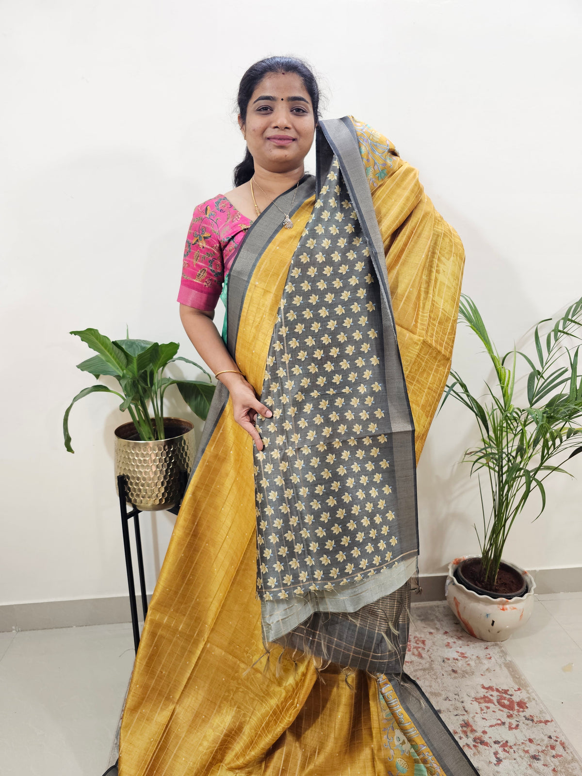 Soft Semi Tussar Weaving with Pichwai Border - Yellow with Grey