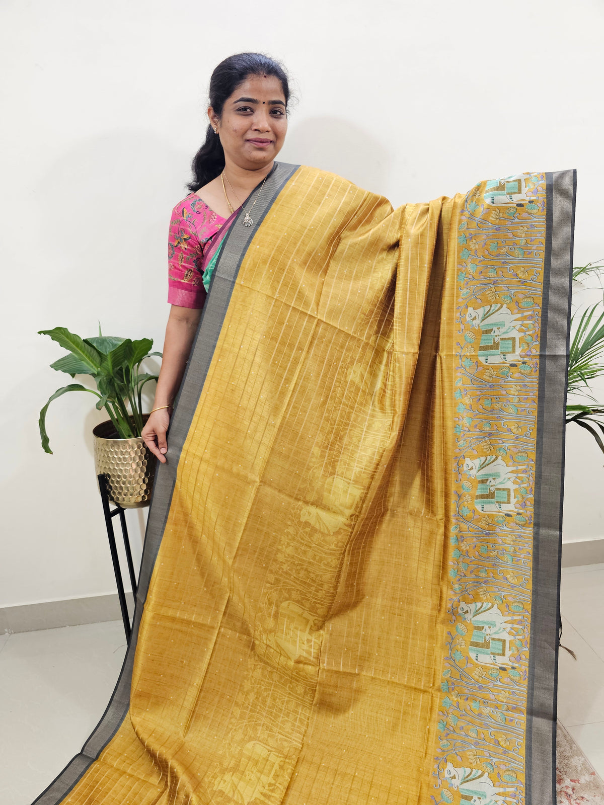 Soft Semi Tussar Weaving with Pichwai Border - Yellow with Grey