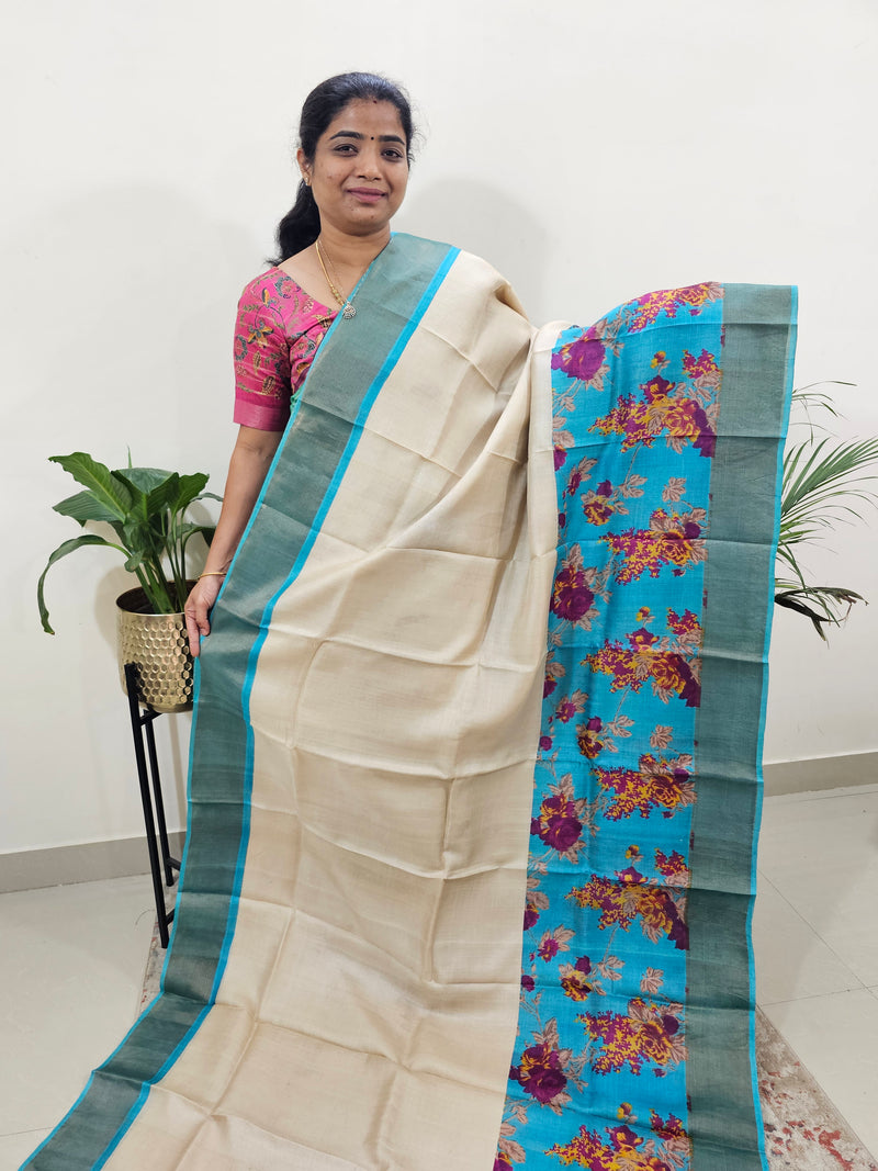 Pure Tussar Silk Saree with Zari Border - Cream with Blue