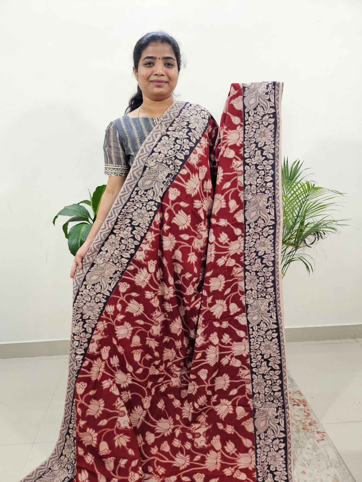 Cotton Kalamkari Saree - Dark Red with Black