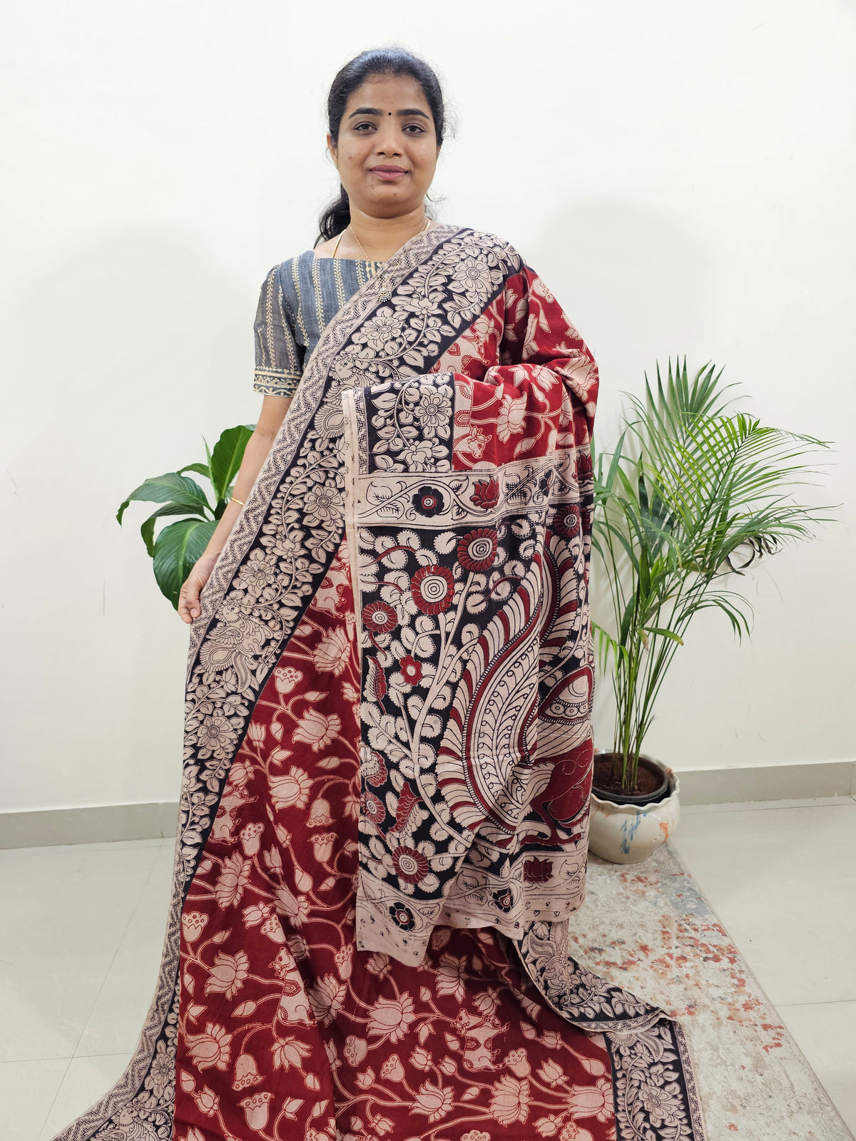 Cotton Kalamkari Saree - Dark Red with Black