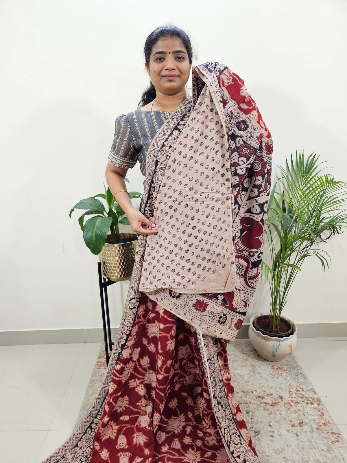 Cotton Kalamkari Saree - Dark Red with Black