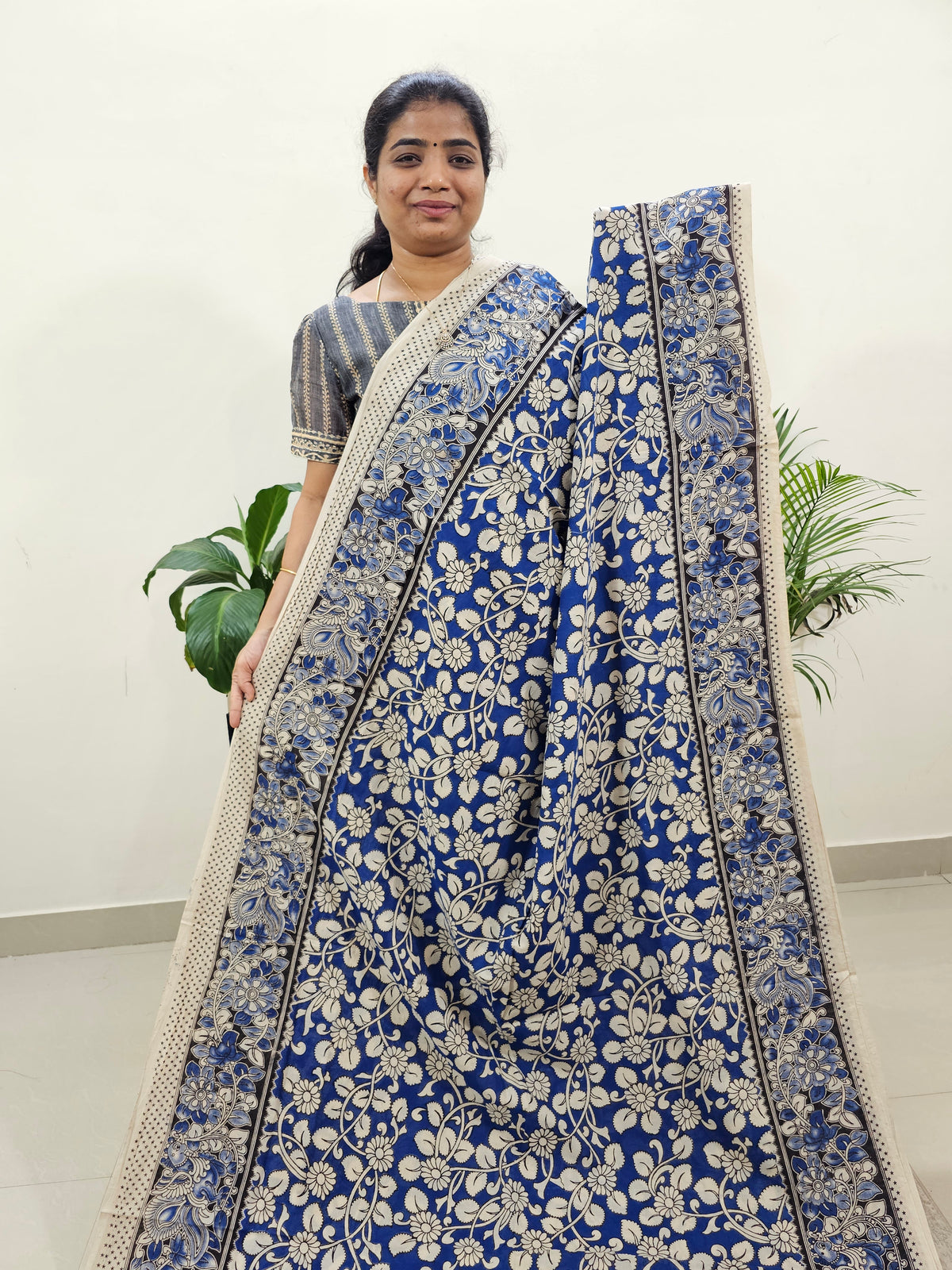 Cotton Kalamkari Saree - Blue with Orange