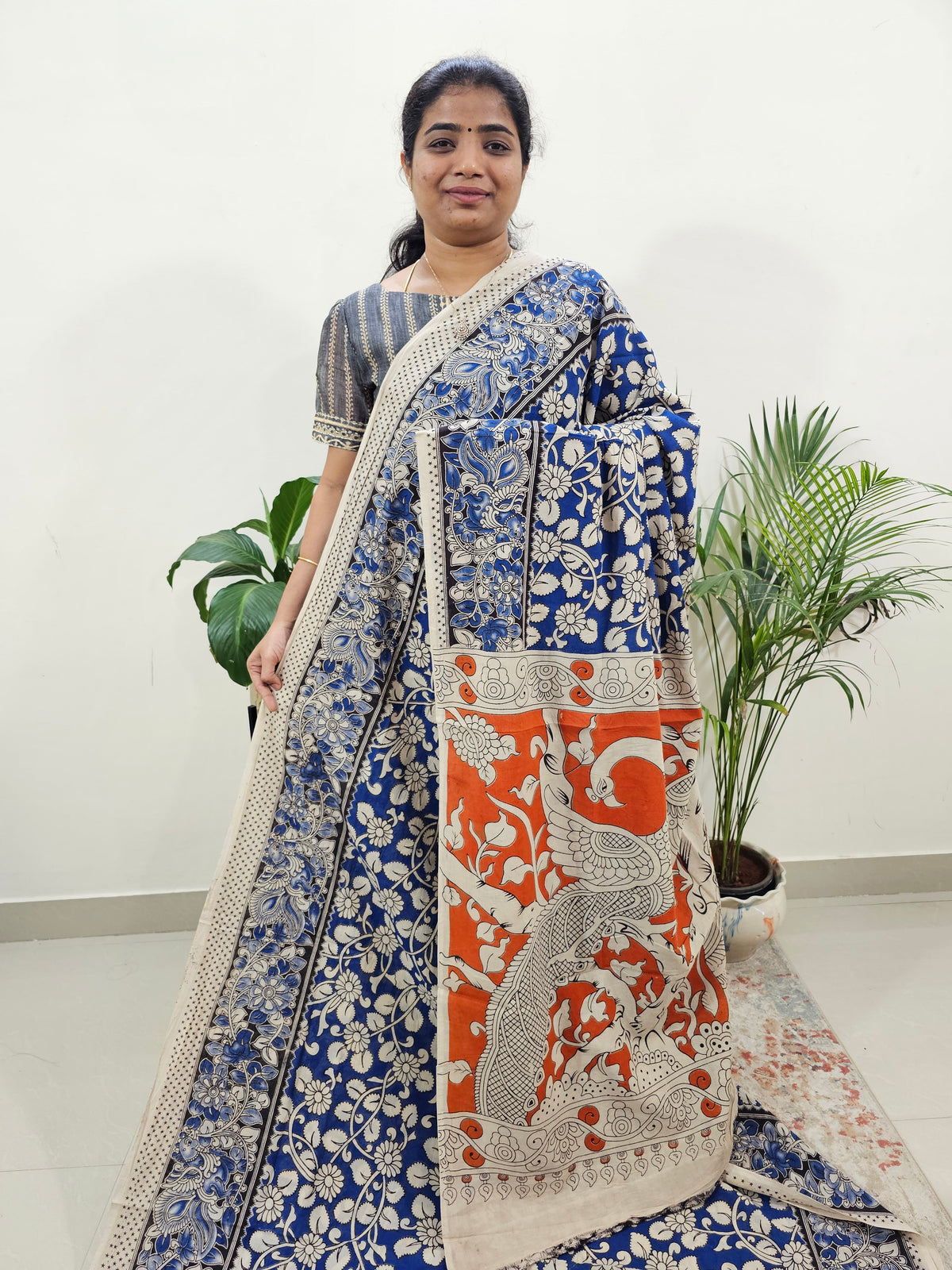 Cotton Kalamkari Saree - Blue with Orange