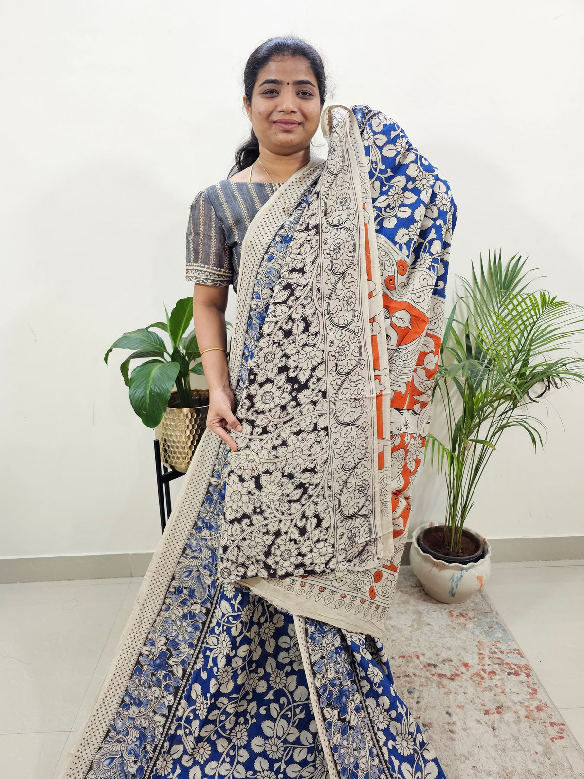Cotton Kalamkari Saree - Blue with Orange