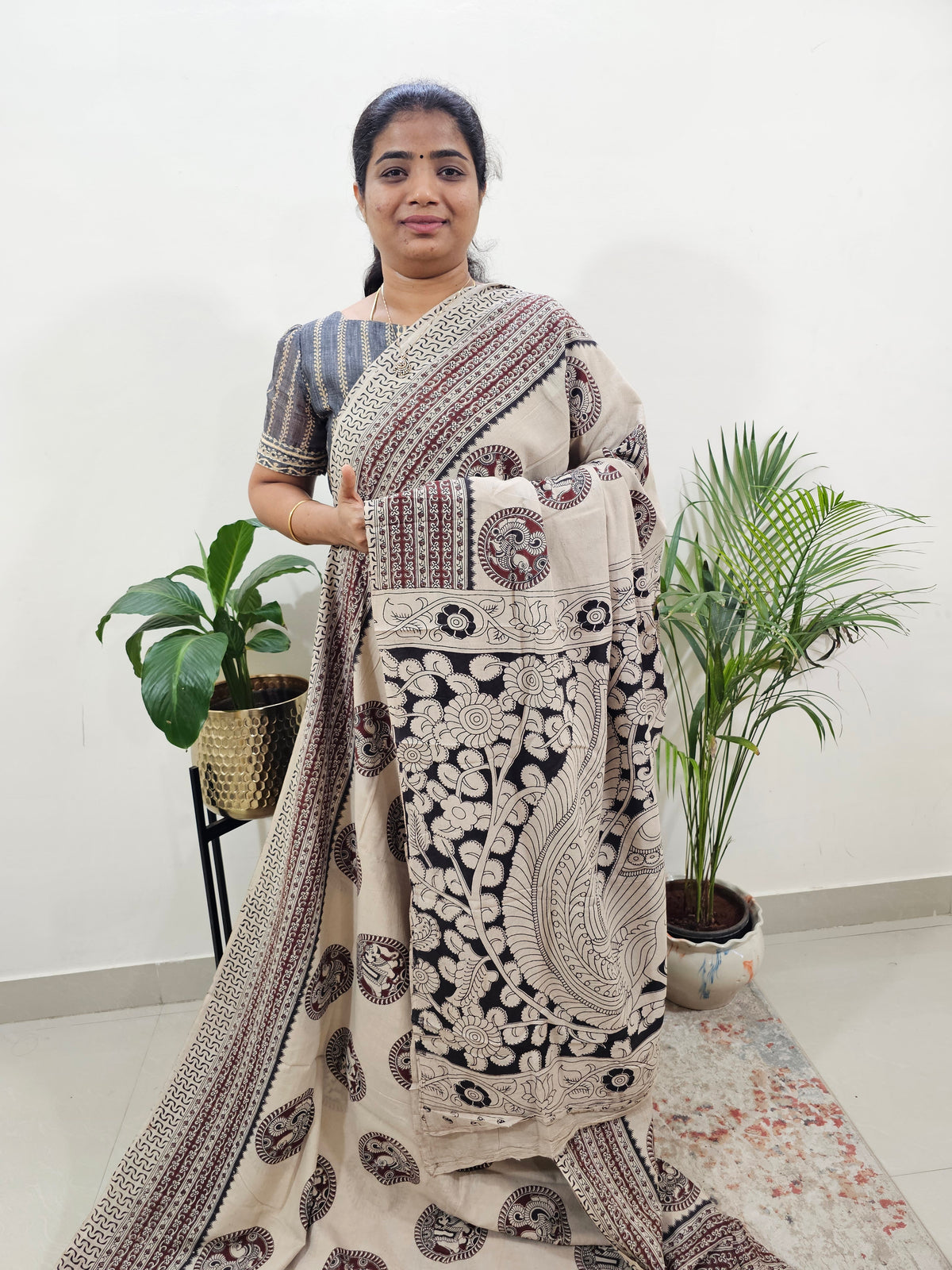 Cotton Kalamkari Saree - Beige with Maroon