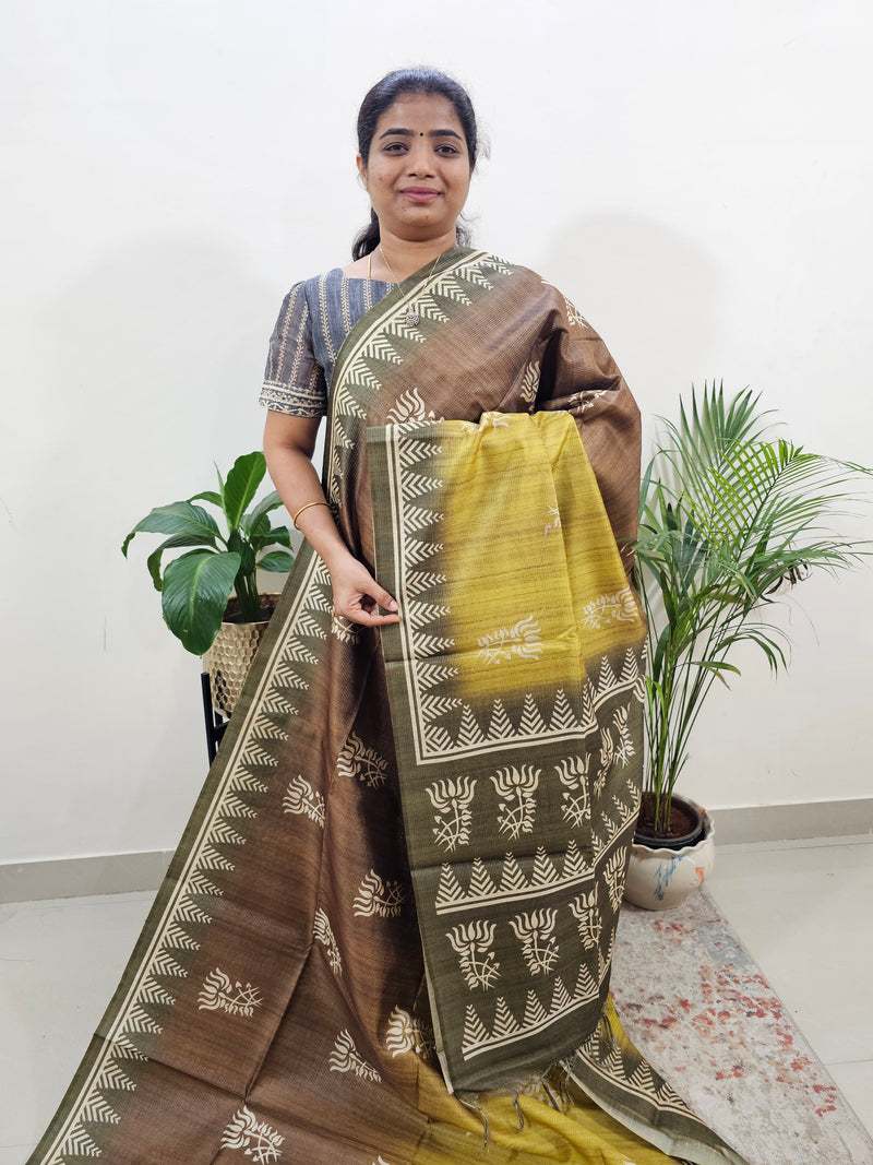 Semi Tussar with Striped Zari Weaving Saree -Dual Shade Dark Green with Mehndi Green