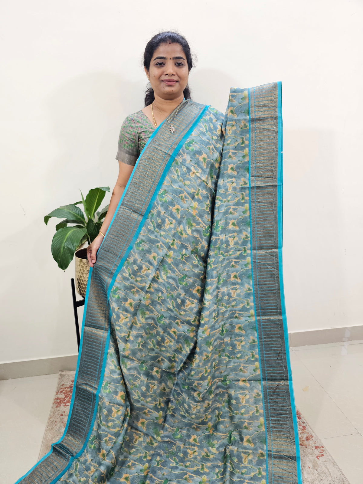 Pure Chanderi Butter Silk - Grey with Blue
