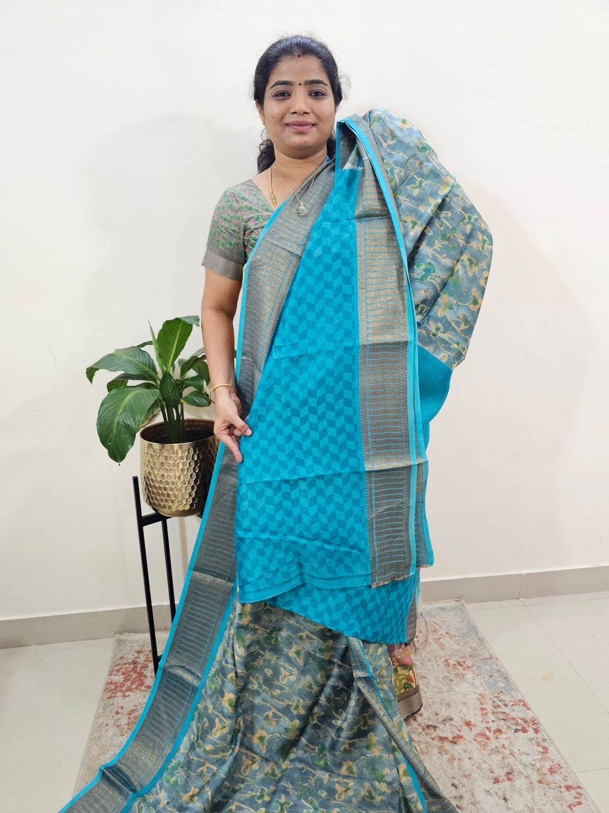 Pure Chanderi Butter Silk - Grey with Blue